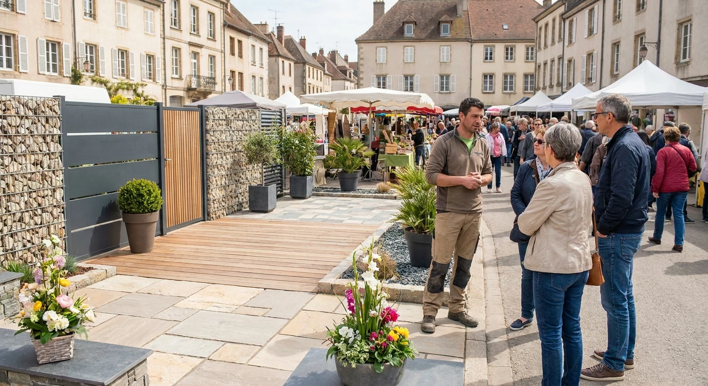 Photographie réaliste d'un stand de foire printanière présentant des plantes et des aménagements paysagers. Au premier plan, un homme (le dirigeant) discute avec des visiteurs devant des démonstrations de clôtures, pavages ou arrangements florals. L'arrière-plan montre un environnement de foire locale (tentes, autres stands, foule), reflétant une interaction commerciale authentique et chaleureuse dans un cadre régional.