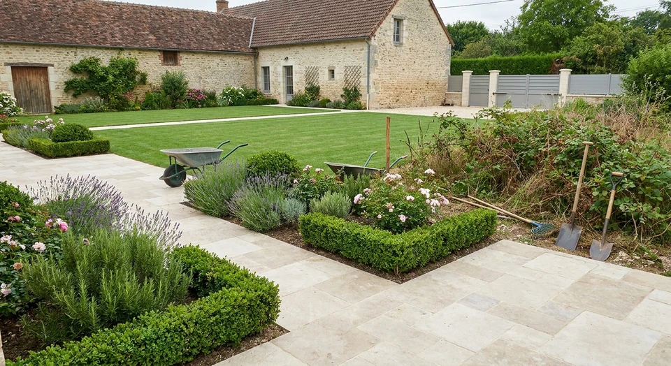 Photographie d'un terrain extérieur fraîchement aménagé par des paysagistes : on y voit un espace auparavant négligé (terrain en friche ou jardin envahi) qui a été transformé en zone ordonnée, accessible et valorisée. L'image montre un pavage ou une terrasse nouvellement posée, des massifs de plantation propres et bien délimités, un terrain dégagé et plat, avec des outils ou équipement de paysagiste visibles en arrière-plan ou récemment utilisés. L'accent est mis sur le contraste entre l'état initial délabré (partiellement visible en bordure) et le résultat final : un extérieur net, sécurisé et pleinement exploitable, illustrant clairement l'intervention maîtrisée et le suivi professionnel d'Innov'Paysage.