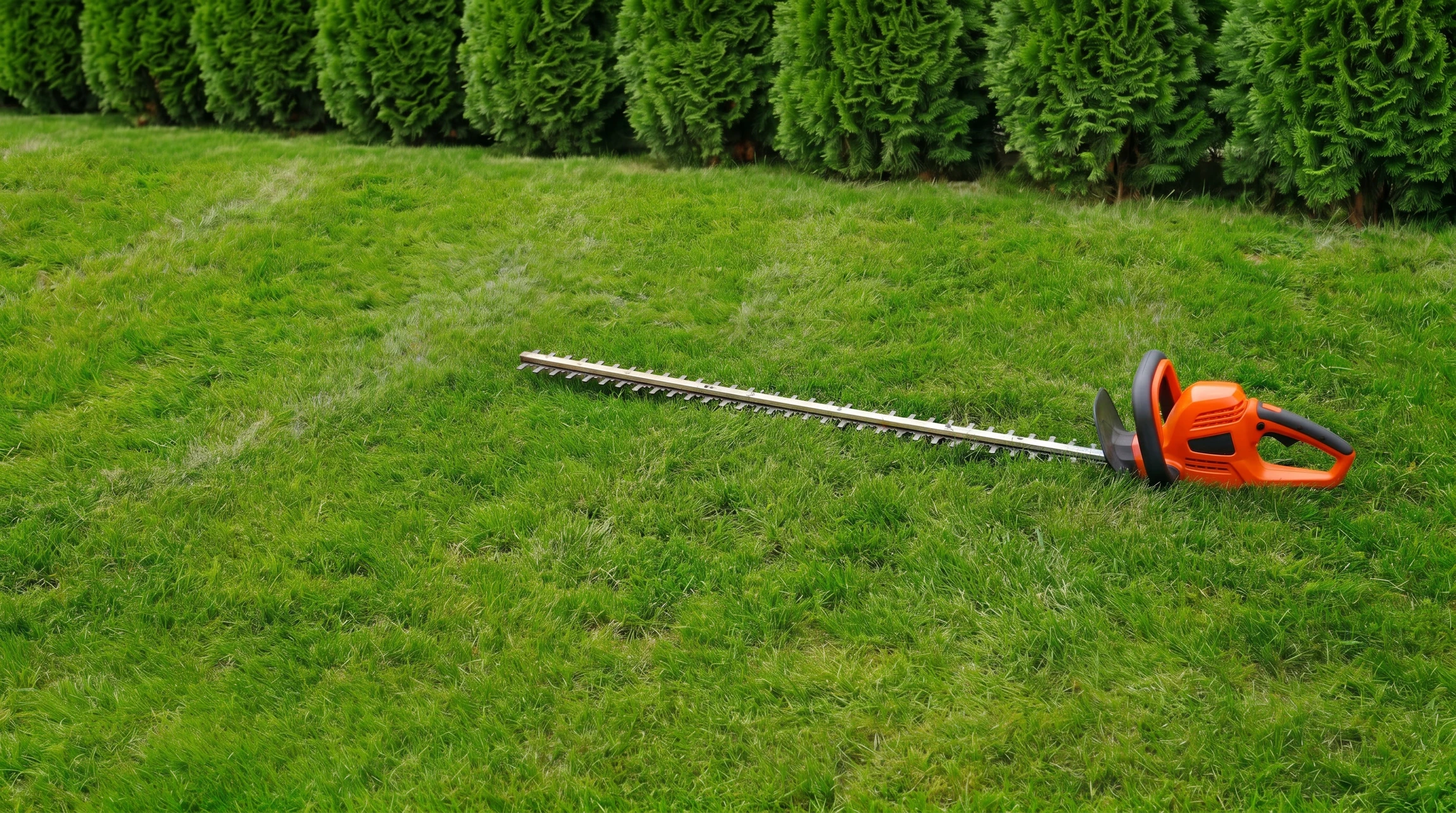 Photographie réaliste d'un professionnel du paysagisme en tenue de travail utilisant un taille-haie motorisé ou une cisaille, en train de tailler des haies ou arbustes dans un jardin résidentiel. Les haies doivent être partiellement taillées, montrant le travail en cours, avec des découpes nettes et régulières. L'arrière-plan montre un espace vert aménagé et entretenu. La lumière est naturelle et l'image transmet le professionnalisme et la précision du travail effectué.