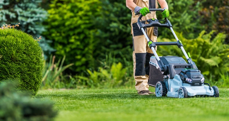 Scène extérieure de jardinage avec un homme en combinaison bleue utilisant une tondeuse à gazon thermique rouge et noire sur une pelouse verte