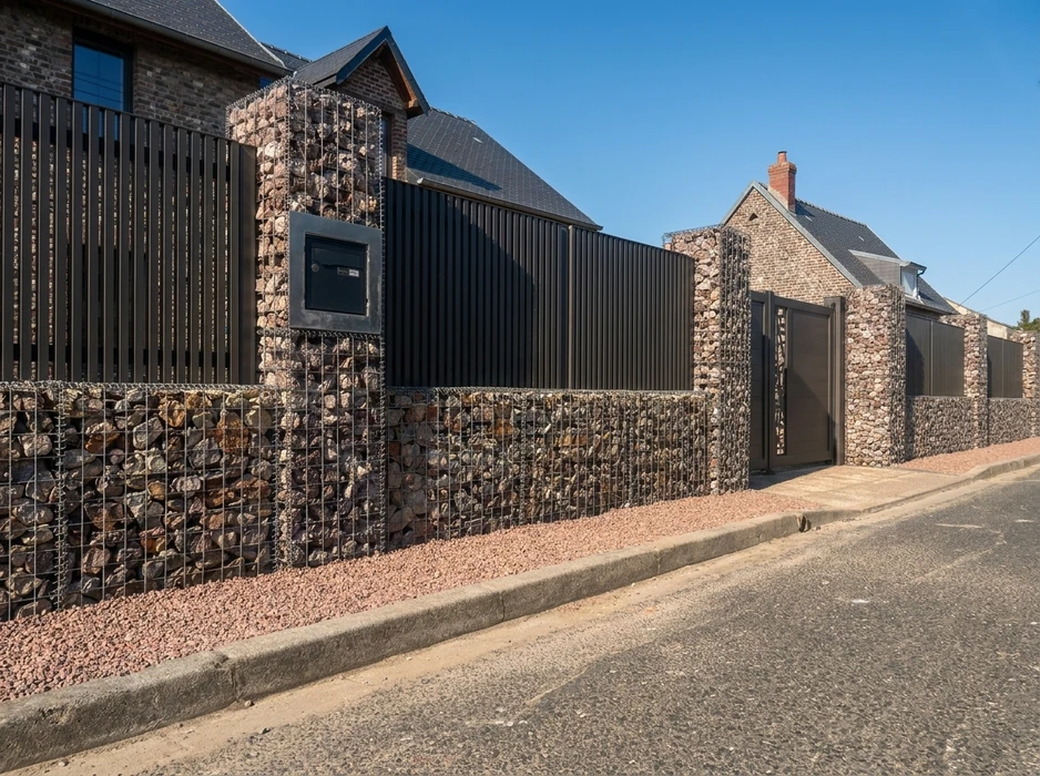 Scène extérieure résidentielle montrant une clôture moderne installée le long d'une allée pavée claire