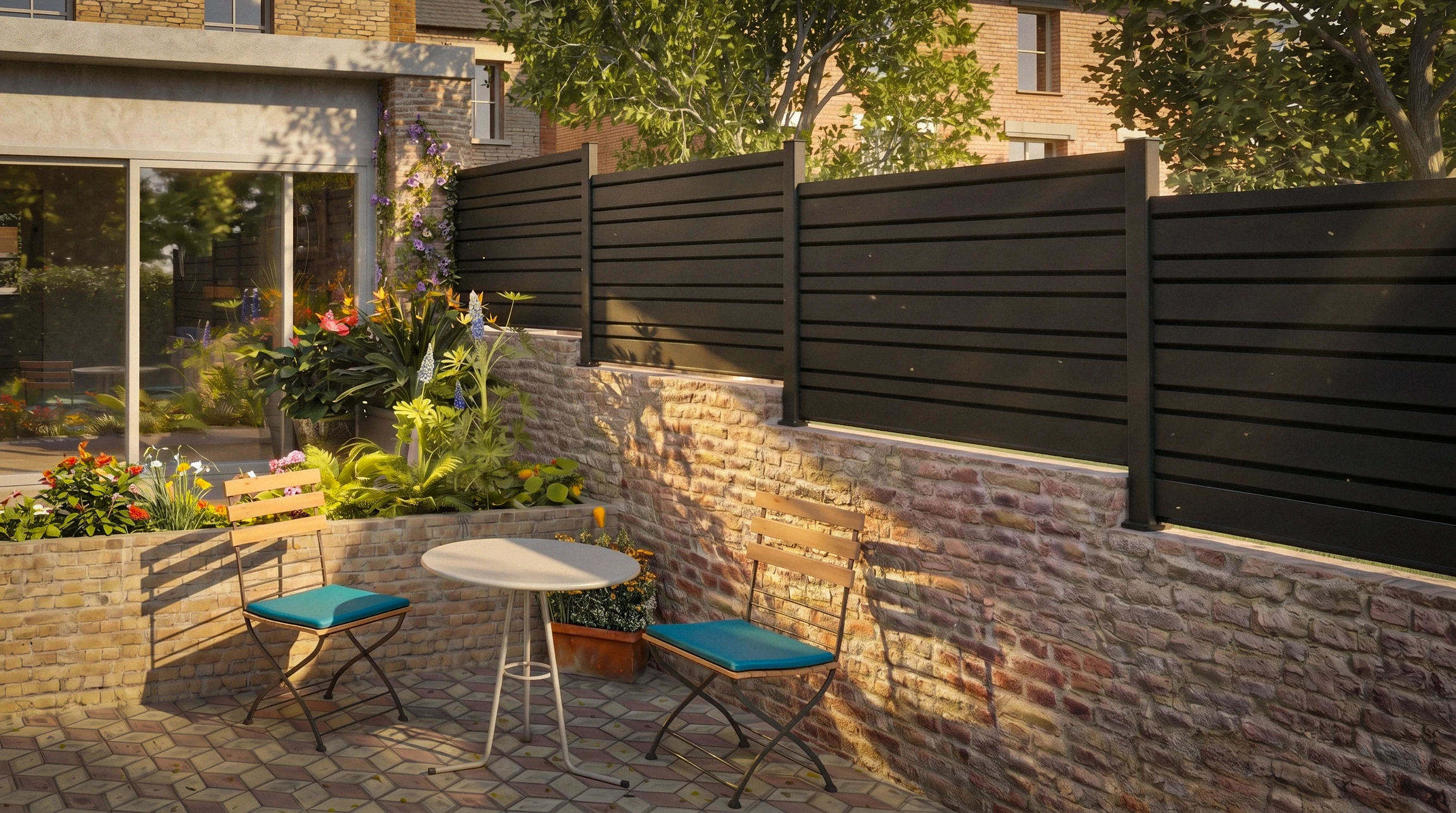 Clôture moderne en aluminium de couleur gris clair ou anthracite avec lames ajourées ou panneaux pleins, poteaux en aluminium, installée dans un jardin résidentiel verdoyant avec maison en arrière-plan, par temps ensoleillé, photographiée de face pour bien montrer la structure et la finition de l'aluminium.
